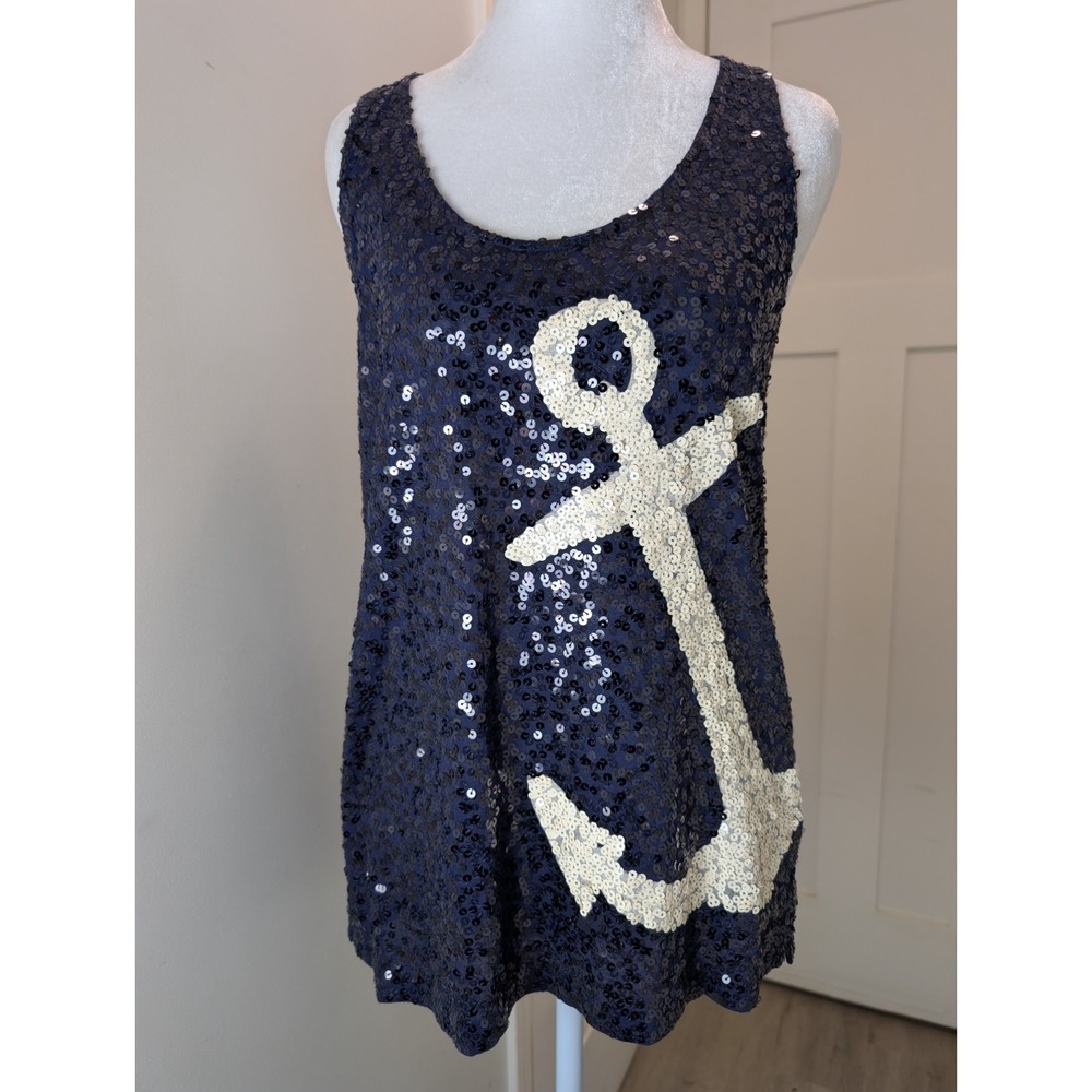 J.Crew Navy Sequin Anchor Medium Tank Top Nautical Beach Coastal
